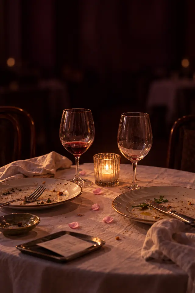 A restaurant table for two after dinner: empty plates, two wine glasses, a candle and the bill, petals on the tablecloth.